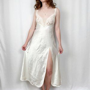 Vintage VS Gold Label Silky Lace Slip Dress Slit Sheer Bridal Wedding Midi Maxi